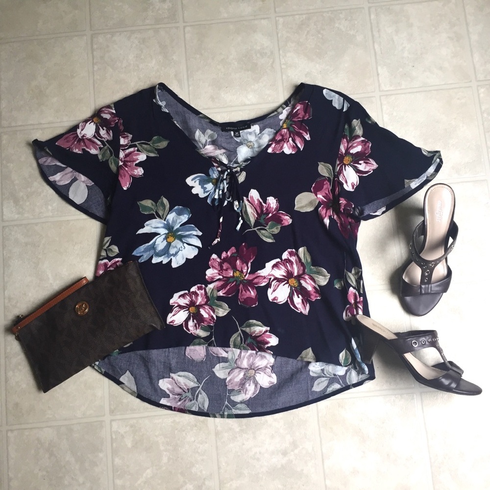 NWOT Navy Blue Floral High-Low Criss-Cross Blouse